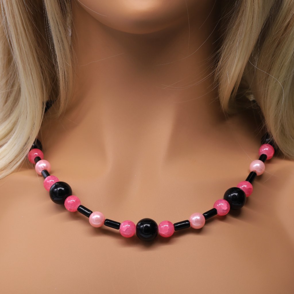 Necklace Black Onyx Pink Pearls Hot Pink Beads 39$